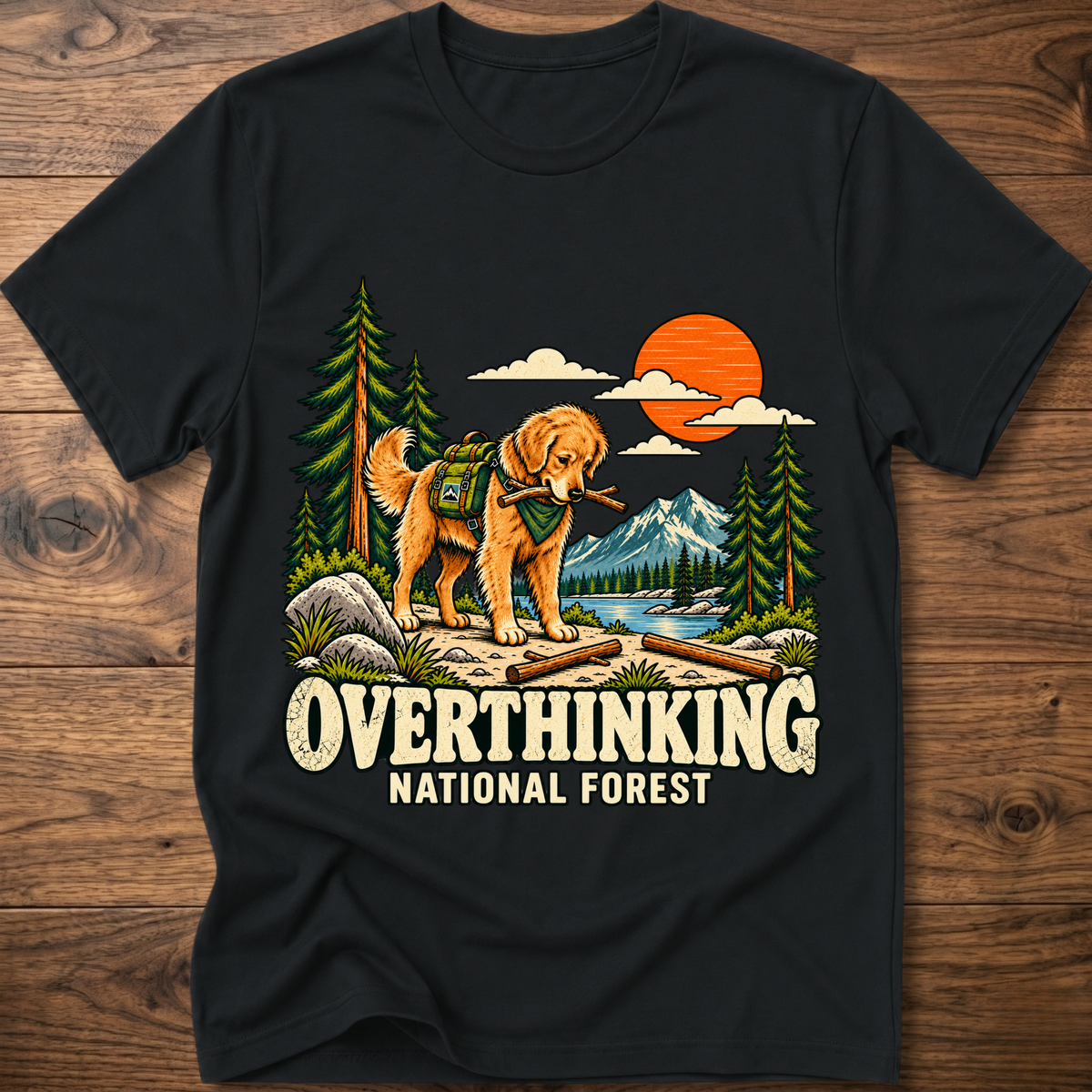 Black t-shirt with overthinking dog and forest graphic, crew neck