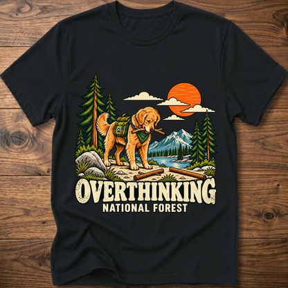 Black t-shirt with overthinking dog and forest graphic, crew neck