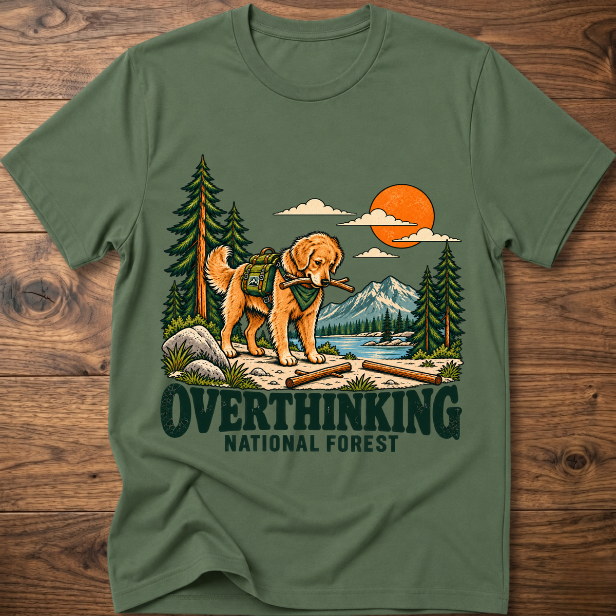 Green t-shirt with overthinking dog and forest graphic, crew neck