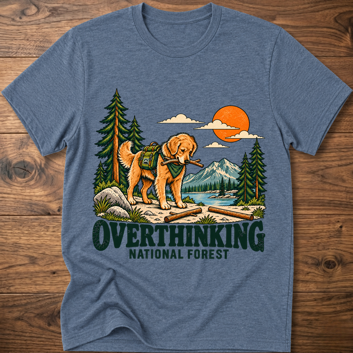 Heather blue t-shirt with overthinking dog and forest graphic, crew neck