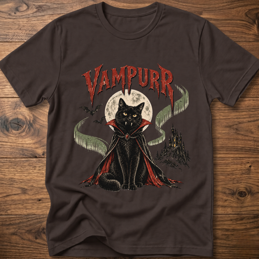 Charcoal t-shirt with vampire cat graphic and “Vampurr” lettering