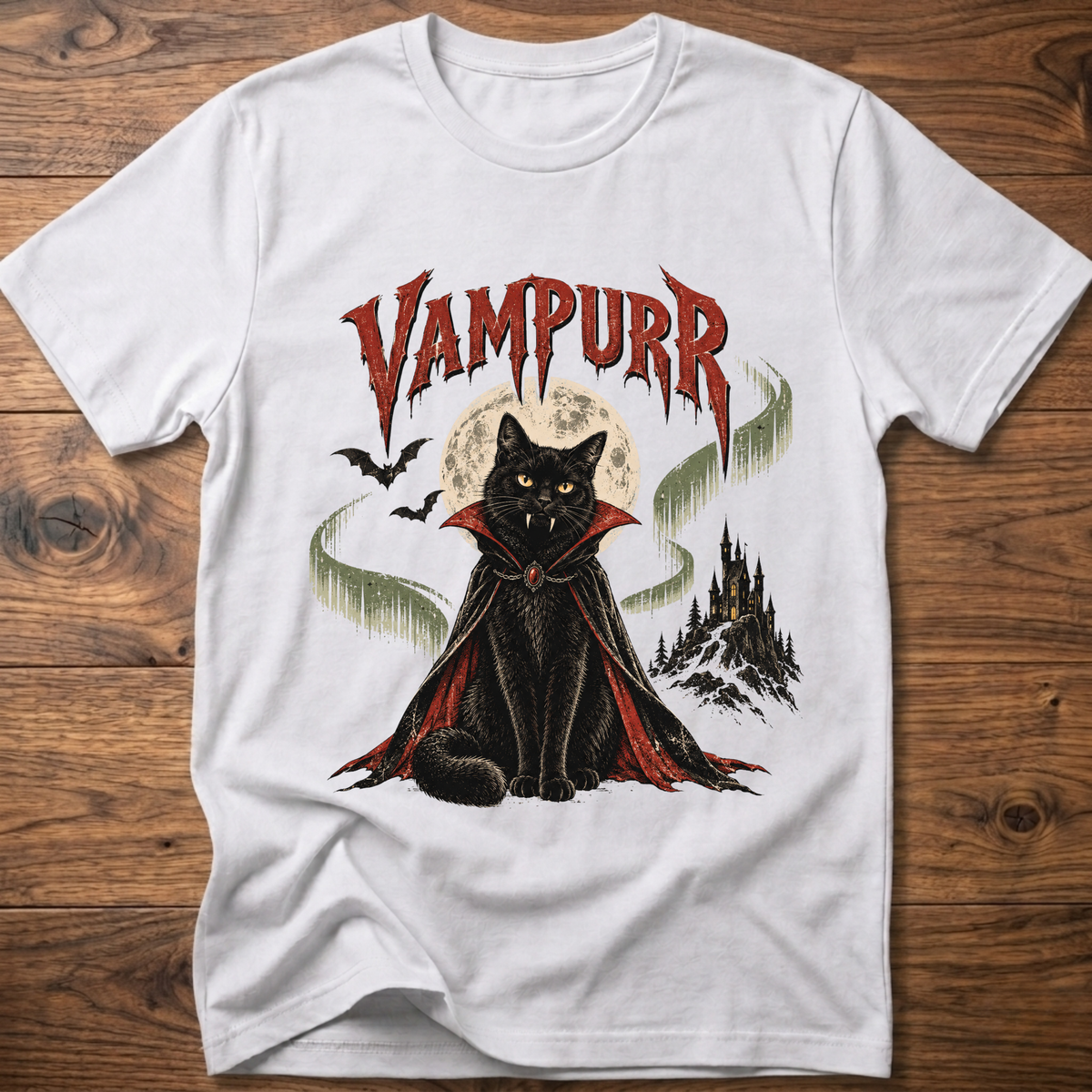 White t-shirt with vampire cat graphic and “Vampurr” lettering