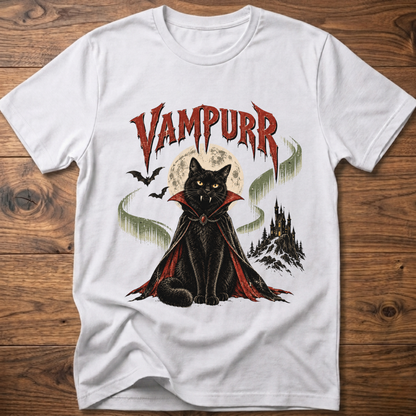 White t-shirt with vampire cat graphic and “Vampurr” lettering