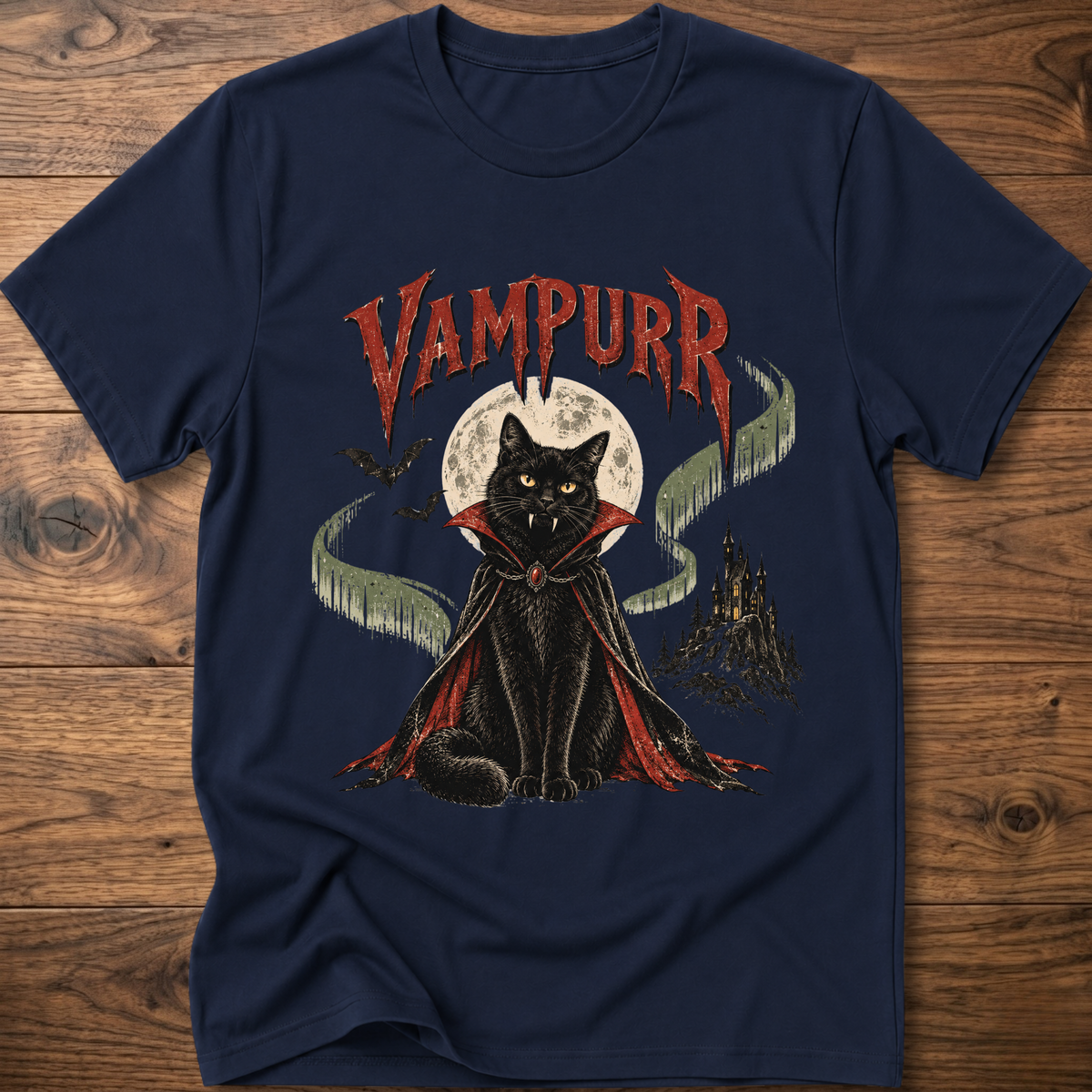 Navy t-shirt with vampire cat graphic and “Vampurr” lettering