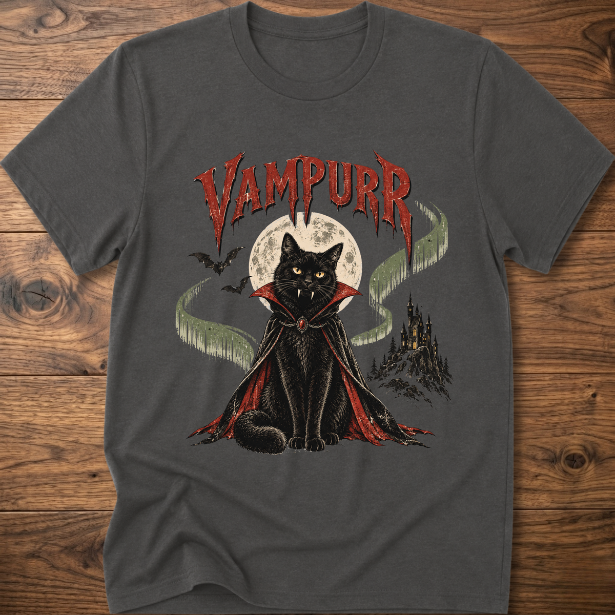 Dark gray t-shirt with vampire cat graphic and “Vampurr” lettering
