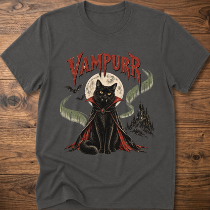 Dark gray t-shirt with vampire cat graphic and “Vampurr” lettering