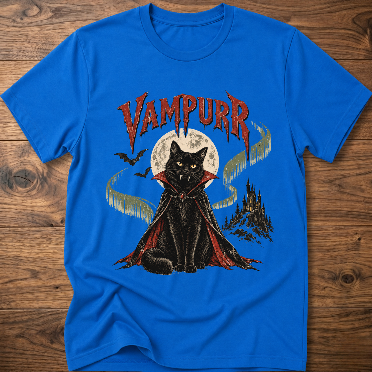 Royal blue t-shirt with vampire cat graphic and “Vampurr” lettering