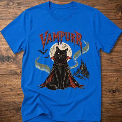 Royal blue t-shirt with vampire cat graphic and “Vampurr” lettering