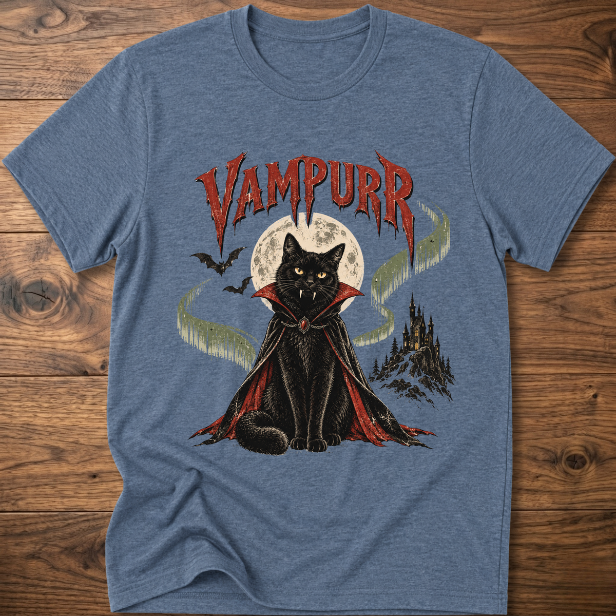 Heather blue t-shirt with vampire cat graphic and “Vampurr” lettering