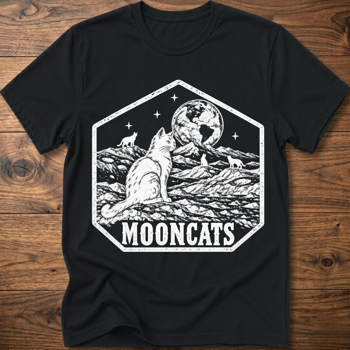 Black crewneck t-shirt with octagon cat and moon graphic, 'MOONCATS' print