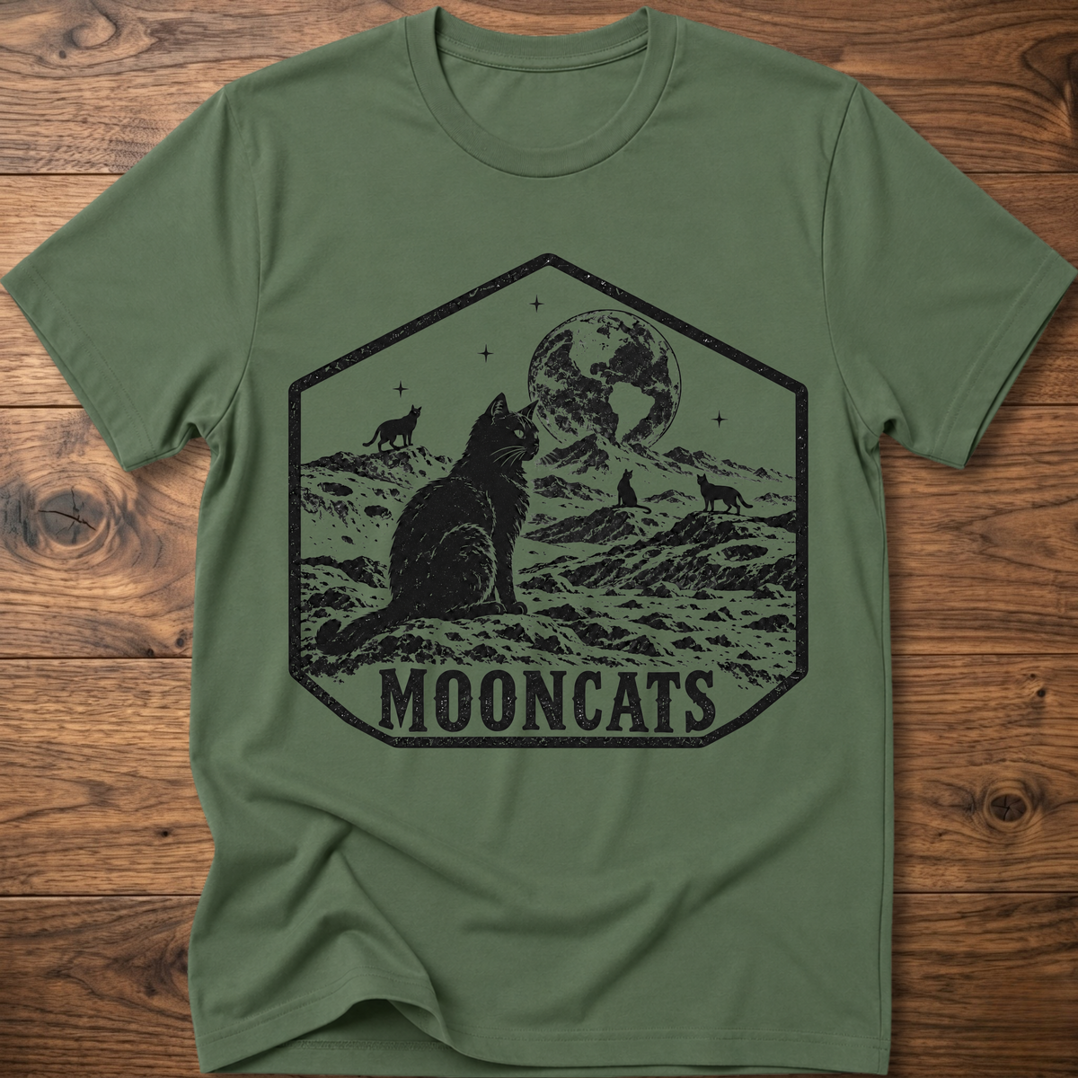 Military green crewneck t-shirt with octagon cat and moon graphic, 'MOONCATS' print