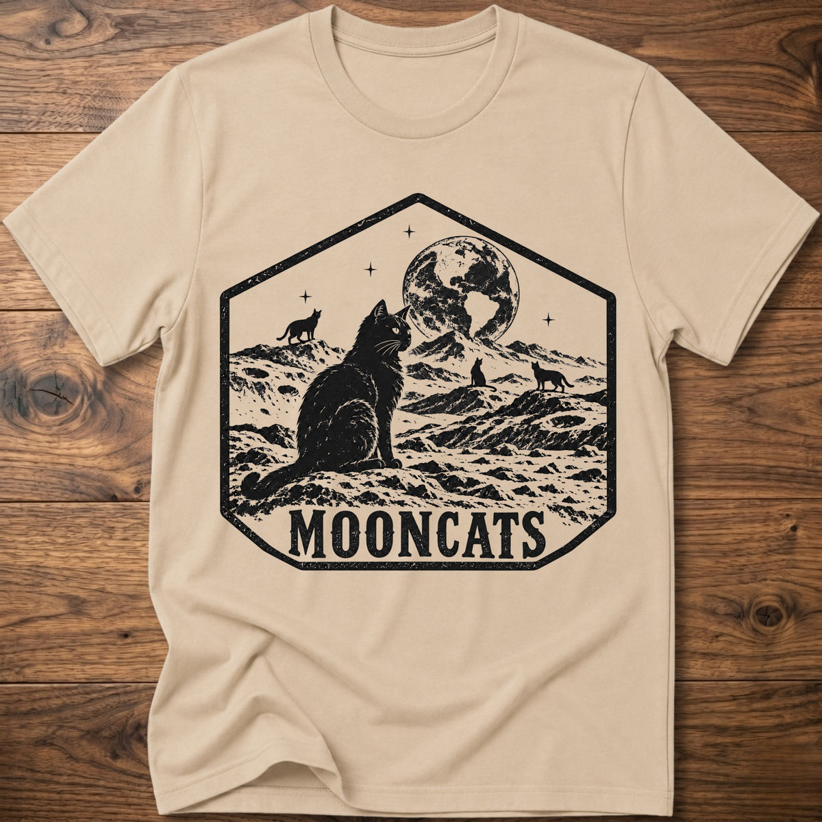 Sand crewneck t-shirt with octagon cat and moon graphic, 'MOONCATS' print