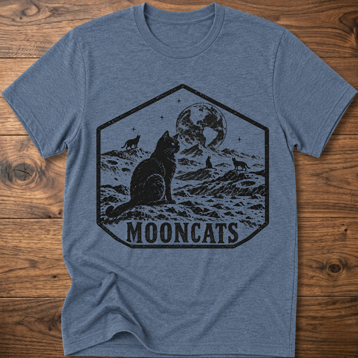 Heather blue crewneck t-shirt with octagon cat and moon graphic, 'MOONCATS' print