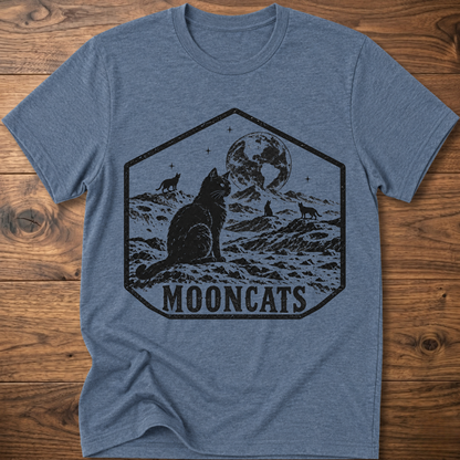 Heather blue crewneck t-shirt with octagon cat and moon graphic, 'MOONCATS' print