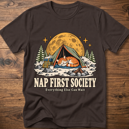 Dark brown crewneck graphic T-shirt with sleeping cat camping tent front print