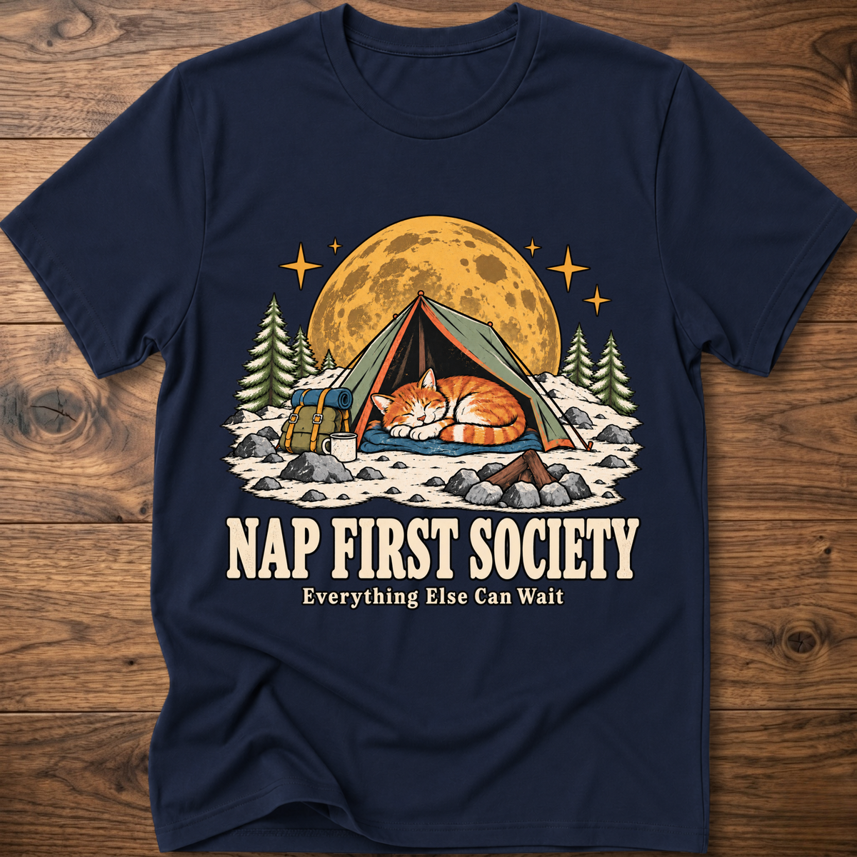 Navy crewneck graphic T-shirt with sleeping cat camping tent front print
