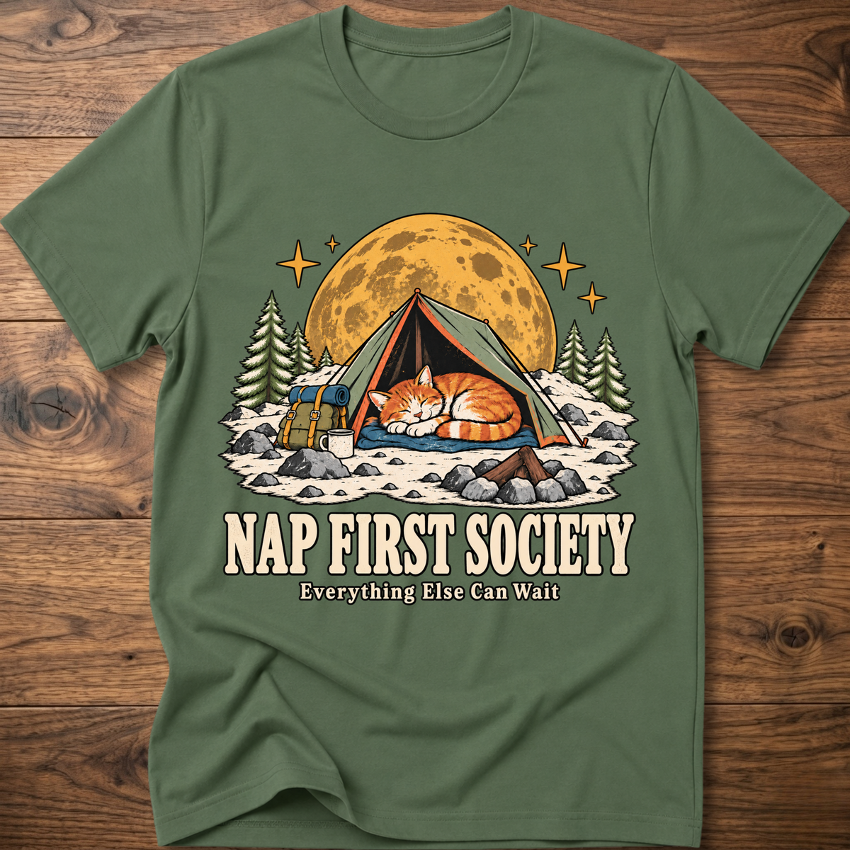 Military green crewneck graphic T-shirt with sleeping cat camping tent front print