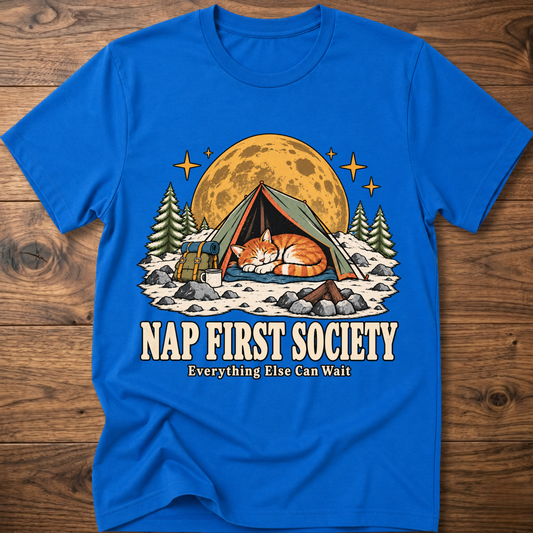 Royal blue crewneck graphic T-shirt with sleeping cat camping tent front print