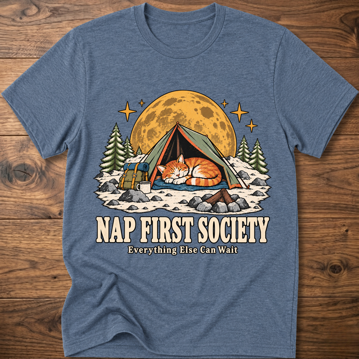 Heather indigo crewneck graphic T-shirt with sleeping cat camping tent front print