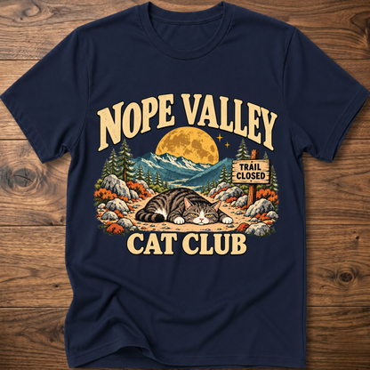 Navy T-shirt with 'NOPE VALLEY CAT CLUB' cat graphic and trail closed sign