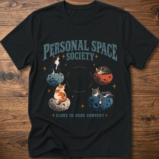 Black crew-neck T-shirt with teal cat space graphic and curved text