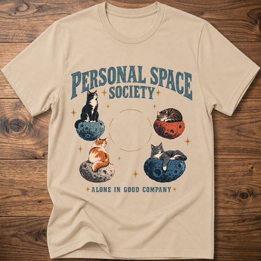 Sand crew-neck T-shirt with teal cat space graphic and curved text