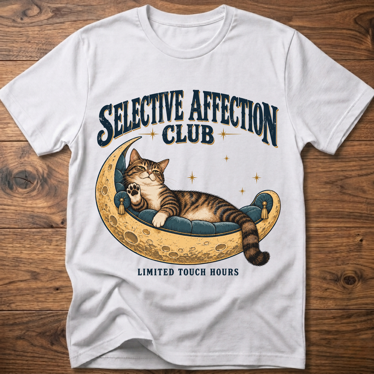 White T-shirt, cat on moon with 'Selective Affection Club' text, short sleeves