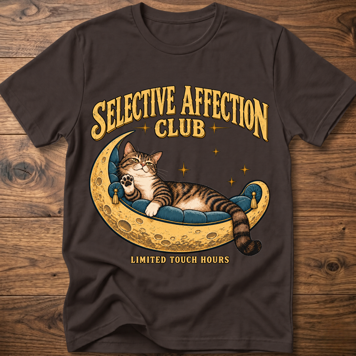Dark brown T-shirt, cat on moon with 'Selective Affection Club' text, short sleeves