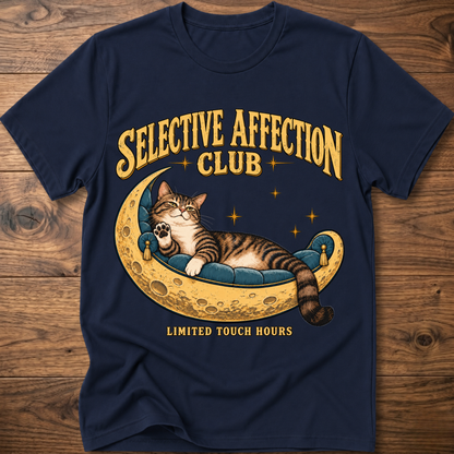 Navy T-shirt, cat on moon with 'Selective Affection Club' text, short sleeves