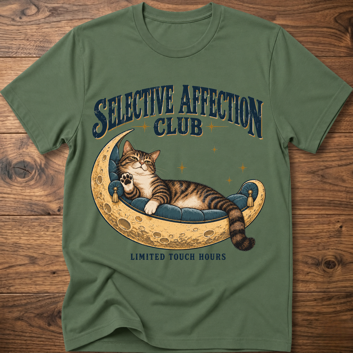 Green T-shirt, cat on moon with 'Selective Affection Club' text, short sleeves
