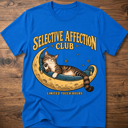 Royal blue T-shirt, cat on moon with 'Selective Affection Club' text, short sleeves