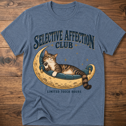 Heather blue T-shirt, cat on moon with 'Selective Affection Club' text, short sleeves