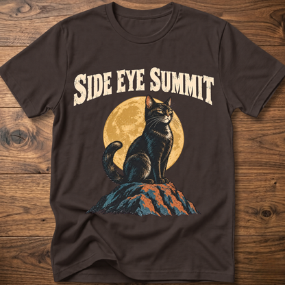Dark brown cat graphic t-shirt with “SIDE EYE SUMMIT” text and side-eye cat print