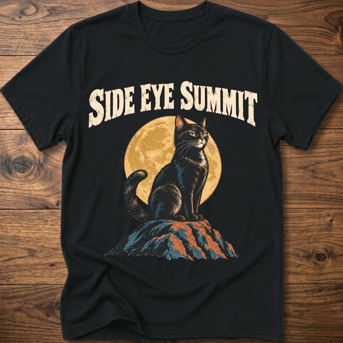 Black cat graphic t-shirt with “SIDE EYE SUMMIT” text and side-eye cat print