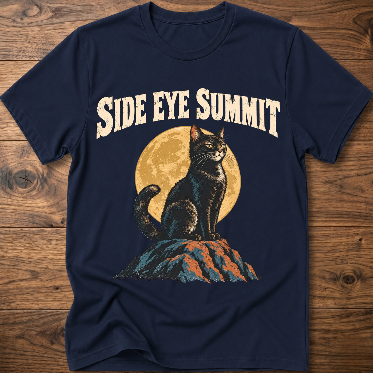 Navy cat graphic t-shirt with “SIDE EYE SUMMIT” text and side-eye cat print