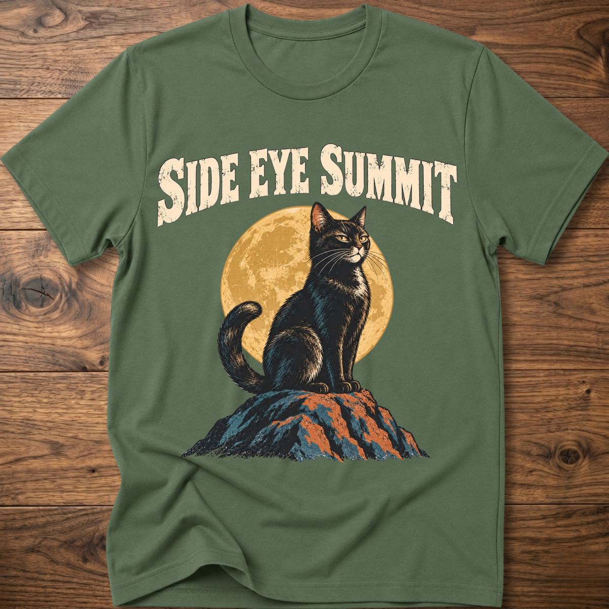 Green cat graphic t-shirt with “SIDE EYE SUMMIT” text and side-eye cat print