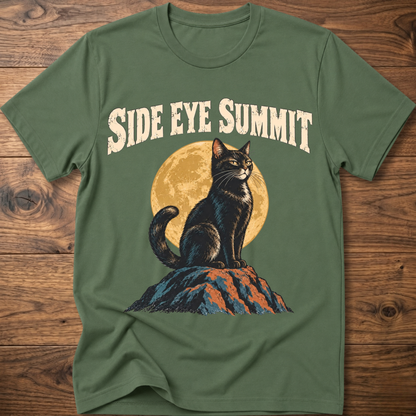 Green cat graphic t-shirt with “SIDE EYE SUMMIT” text and side-eye cat print