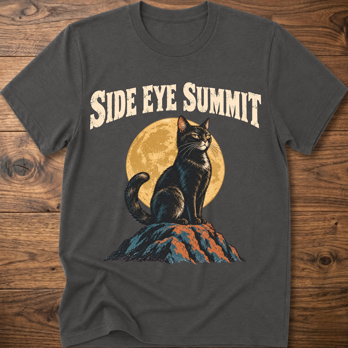 Charcoal gray cat graphic t-shirt with “SIDE EYE SUMMIT” text and side-eye cat print