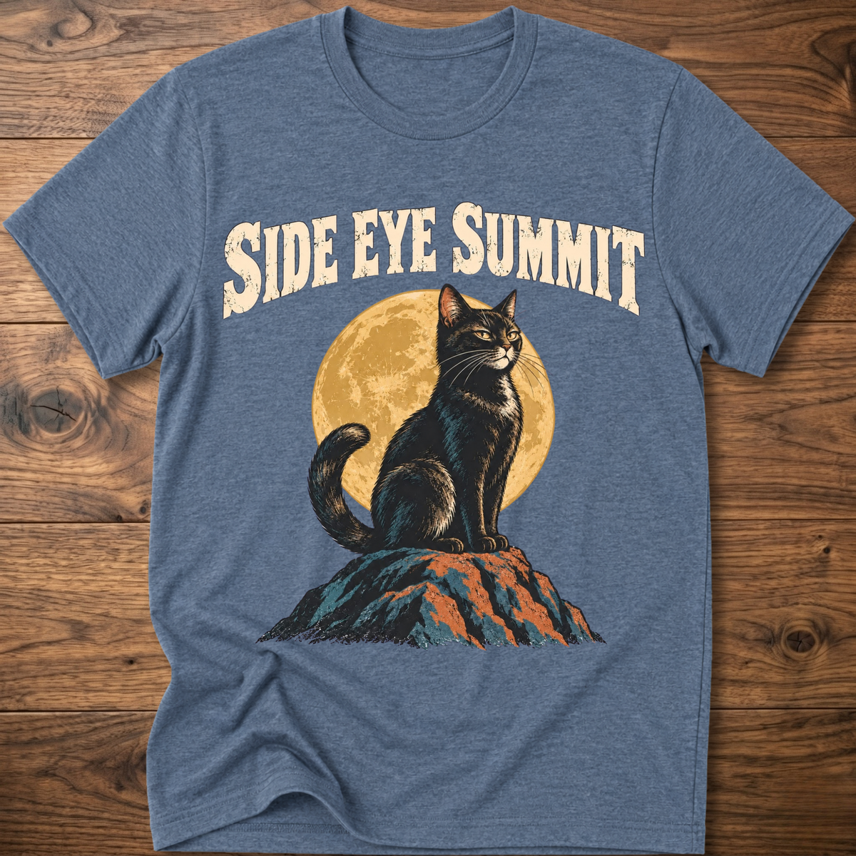 Heather blue cat graphic t-shirt with “SIDE EYE SUMMIT” text and side-eye cat print