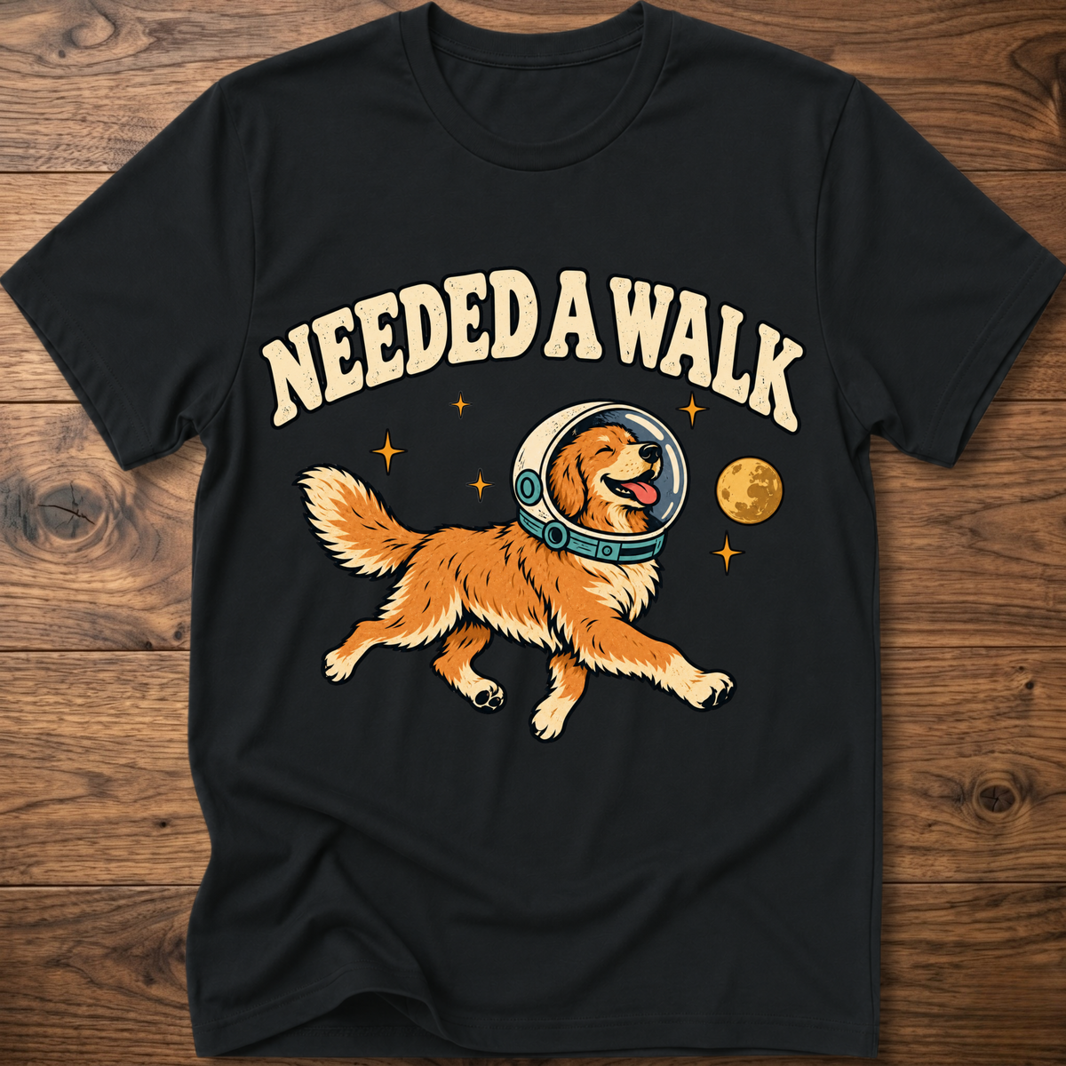 Black T-shirt with “Needed A Walk” dog-in-helmet graphic on front