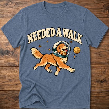 Heather blue T-shirt with “Needed A Walk” dog-in-helmet graphic on front