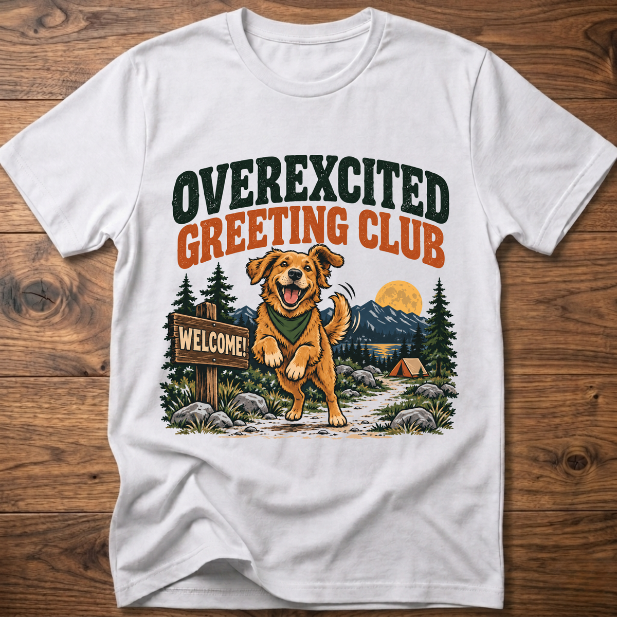 White dog T-shirt with 'OVEREXCITED GREETING CLUB' graphic front