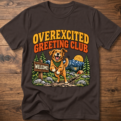 Dark chocolate dog T-shirt with 'OVEREXCITED GREETING CLUB' graphic front