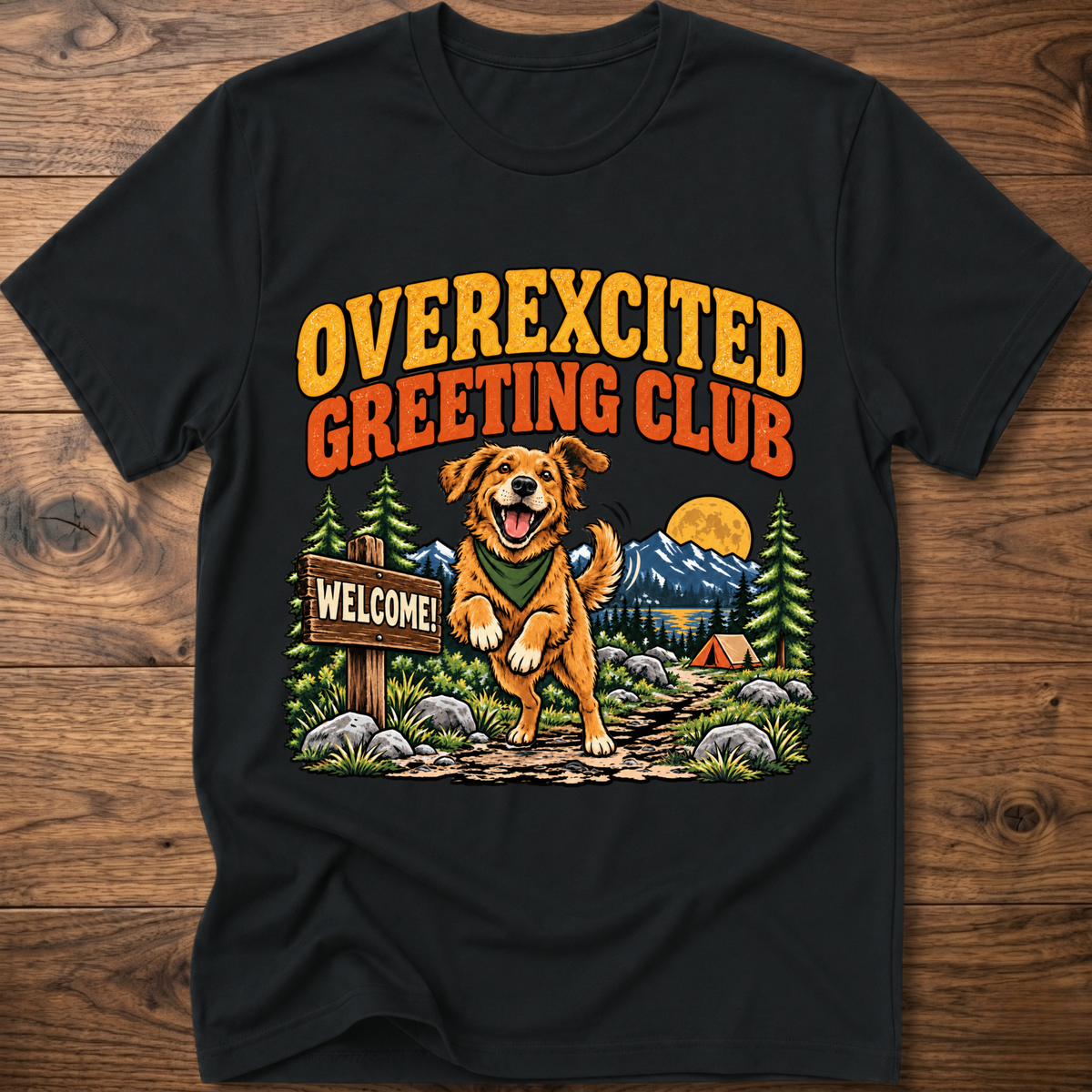Black dog T-shirt with 'OVEREXCITED GREETING CLUB' graphic front