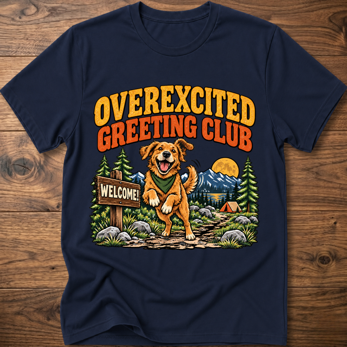 Navy dog T-shirt with 'OVEREXCITED GREETING CLUB' graphic front