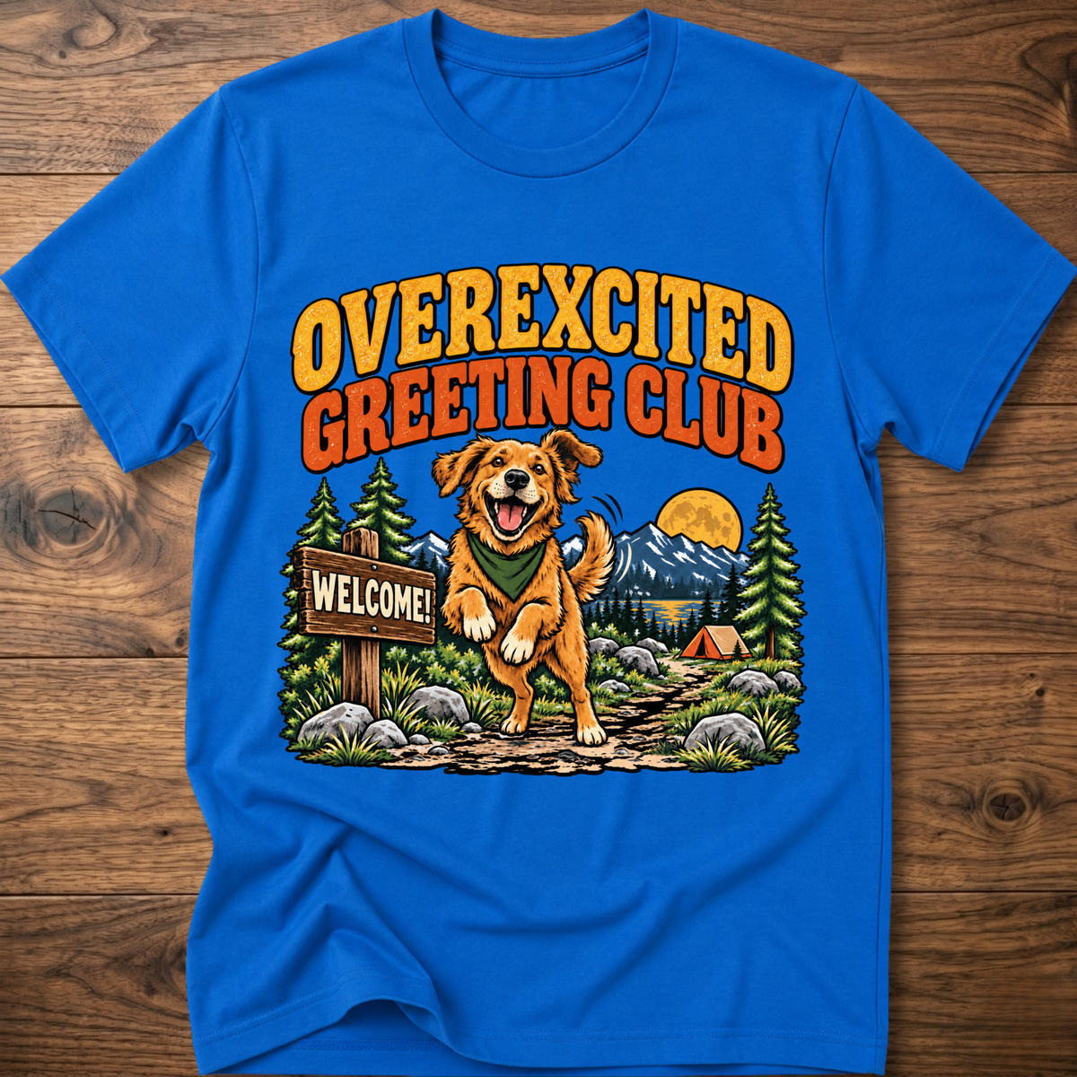Royal blue dog T-shirt with 'OVEREXCITED GREETING CLUB' graphic front