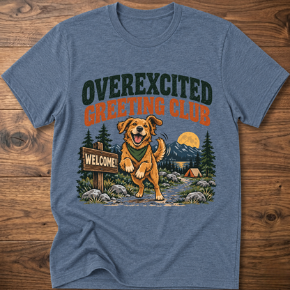 Heather indigo dog T-shirt with 'OVEREXCITED GREETING CLUB' graphic front