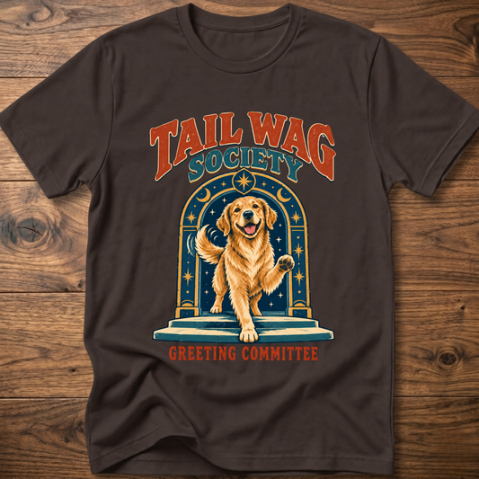 Dark brown T-shirt with front dog graphic and Greeting Committee text
