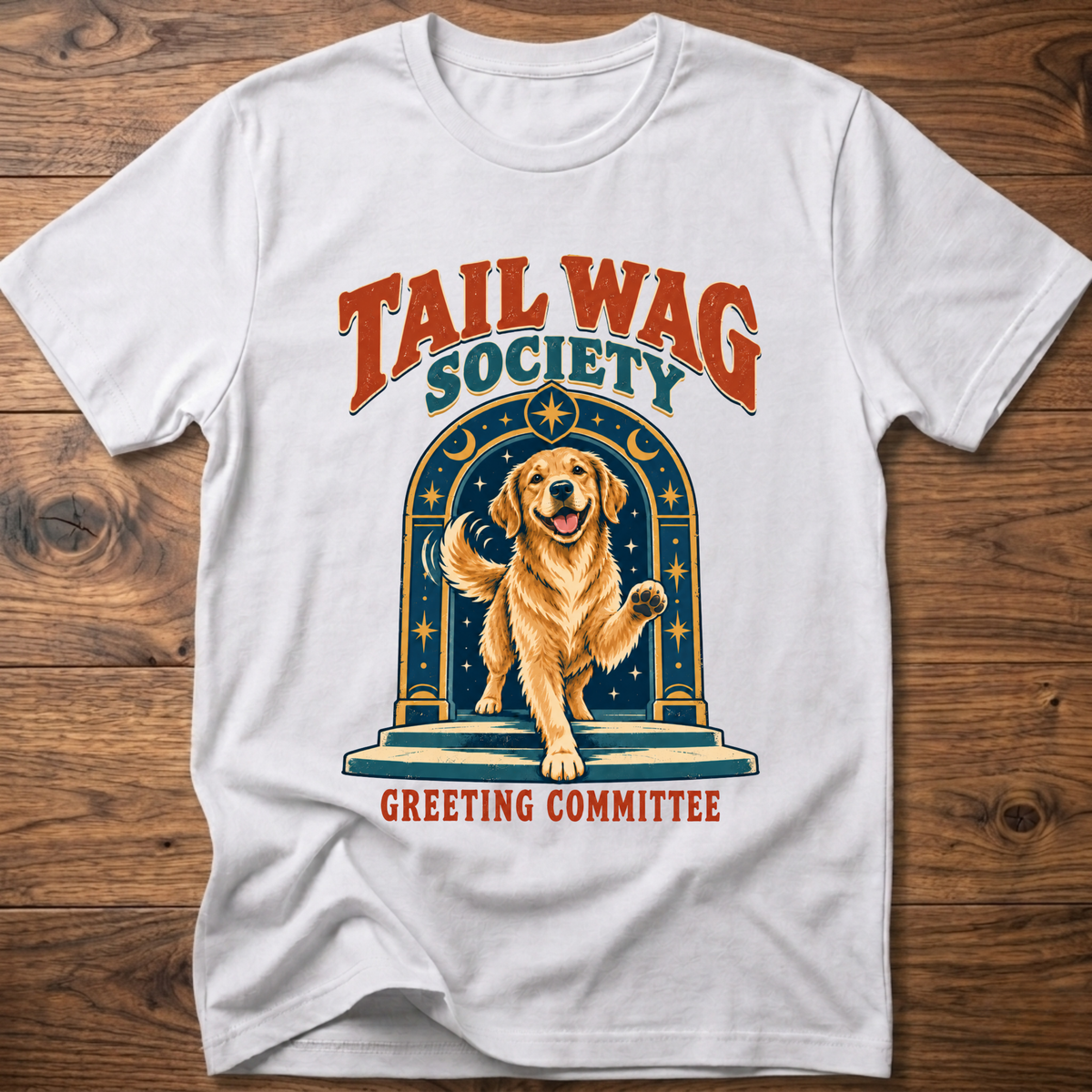 White T-shirt with front dog graphic and Greeting Committee text