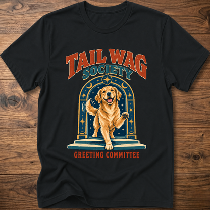 Black T-shirt with front dog graphic and Greeting Committee text